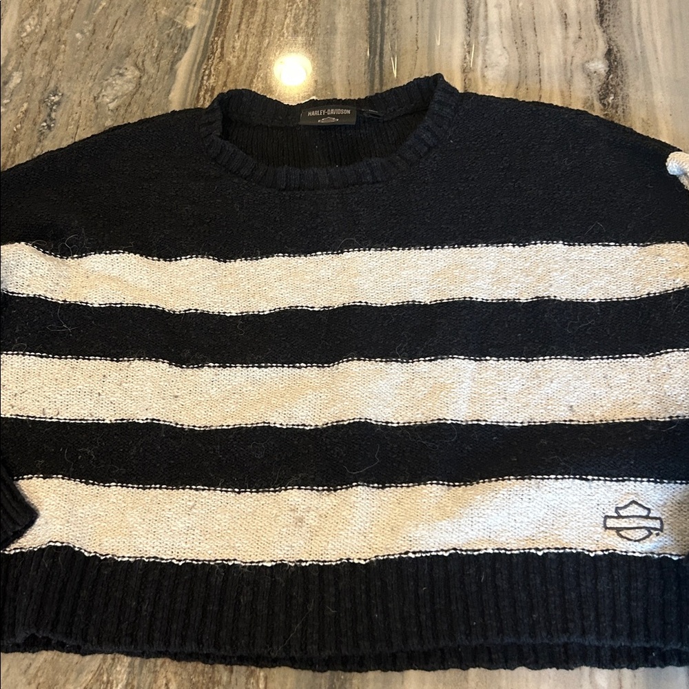 Harley Davidson sz L Black and White Striped Sweater crop warm oversized EUC